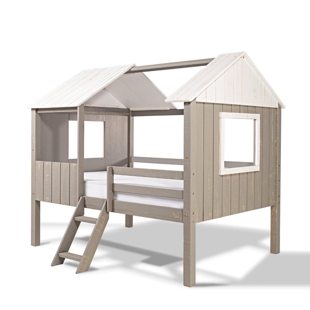 Cama Infantil Cabana em Madeira Maciça Teddi Cinza Rústico/Branco Rústico