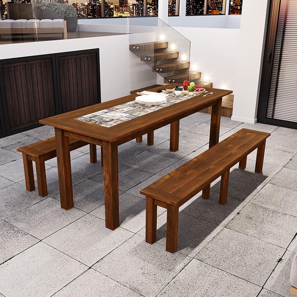 Mesa De Jantar Com Cerâmica Rústica 02 Bancos De Madeira Maciça Pinus 120cm W02 Imbuia - Lyam Decor