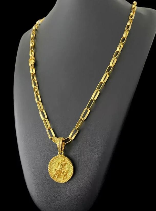 Miniatura Cordão Tijolinho 6Mm Pingente São Jorge - Banhado Ouro 18K