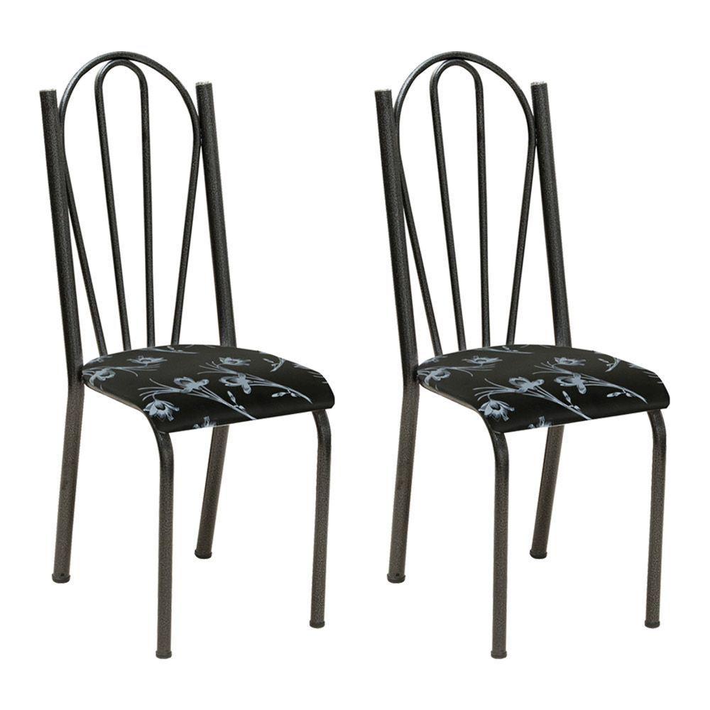 Miniatura Kit 2 Cadeiras De Cozinha Alasca Estampado Preto Florido Pés De Ferro Cromo Preto - Pallazio