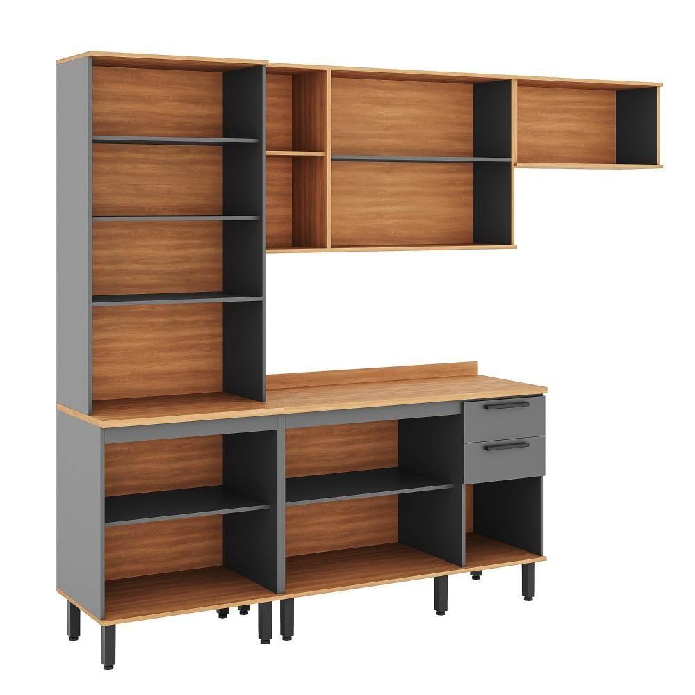 Miniatura Armário De Cozinha Castanha 2700mm Paneleiro E Balcão Com Vidro 4 Peças - Cinza/freijó