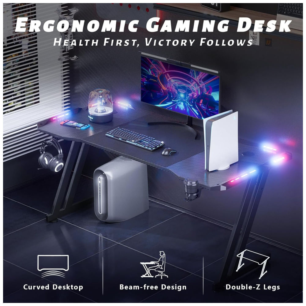 Miniatura Mesa Gamer Ergonômica 55" 139 cm com Superfície de Fibra de Carbono, Gancho para Fone de Ouvido, Luz LED e Porta-Copos, 110V, HLDIRECT MLHD14, Preto 110v
