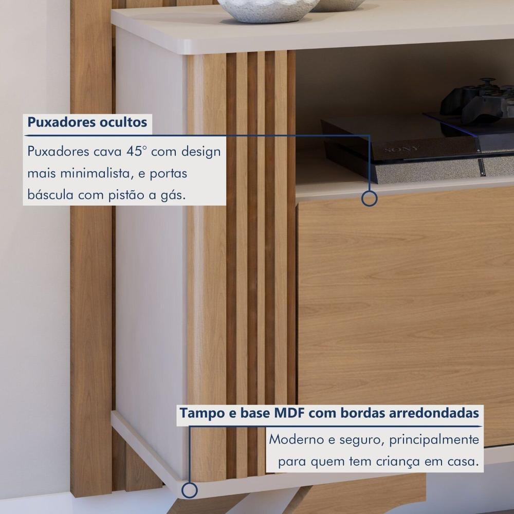 Rack Bancada Mariana Pés Madeira Maciça com Painel Vitória para TV até 65 Polegadas Off White/Cinamomo