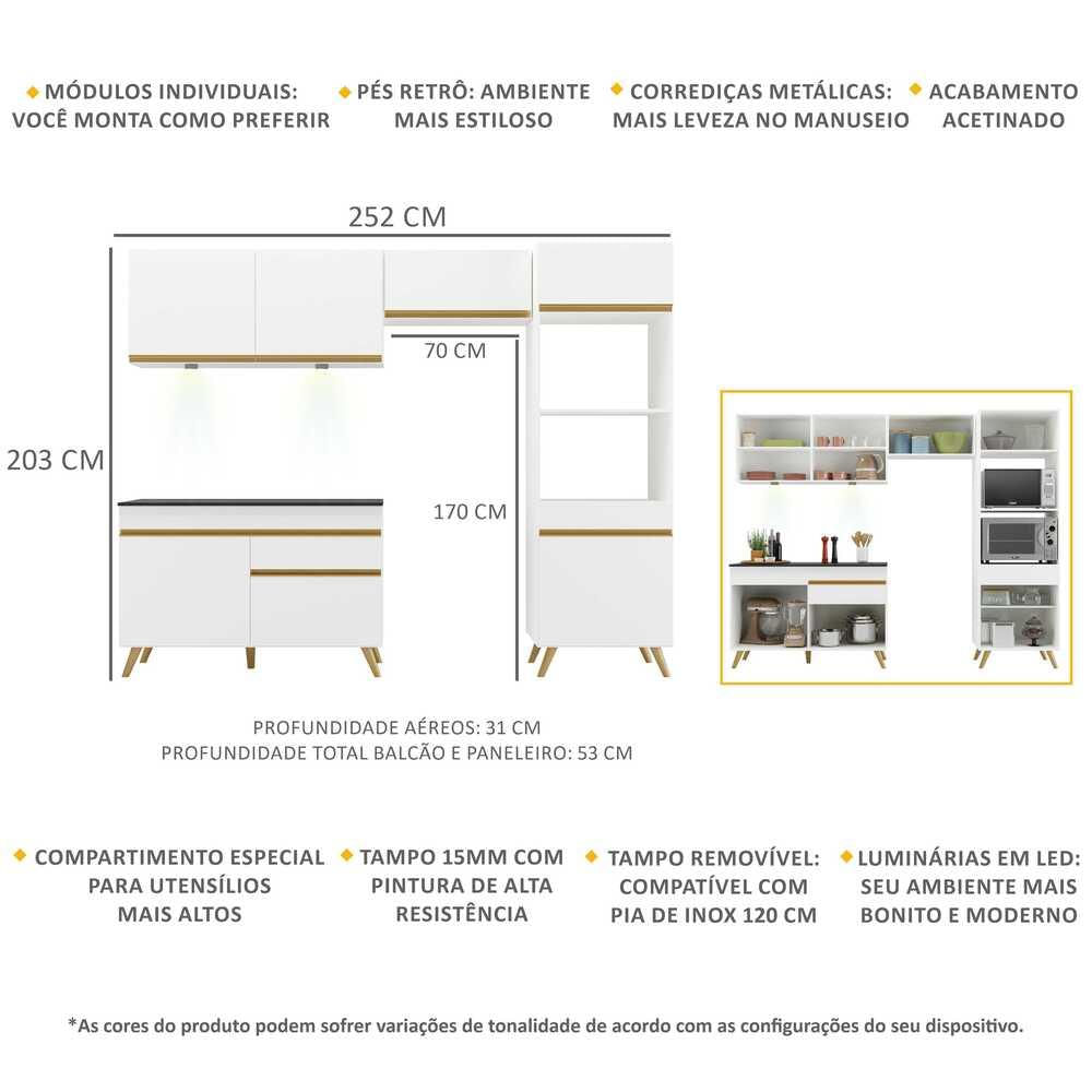 Miniatura Armário de Cozinha Compacta 252cm com Leds Veneza Up Multimóveis V2018 Branco/Dourado