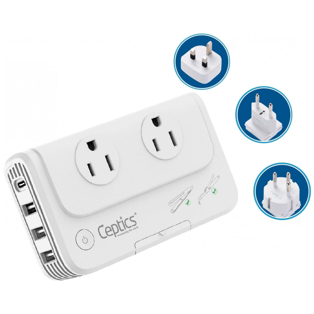 Miniatura Transformador de Tensão até 200W Converte 220V Para 110V com 4 Portas USB, Ceptics, Branco
