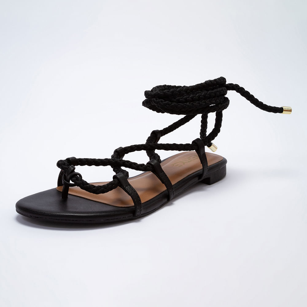 Rasteira Flat Feminina Com Amarração Corda - Preto 35