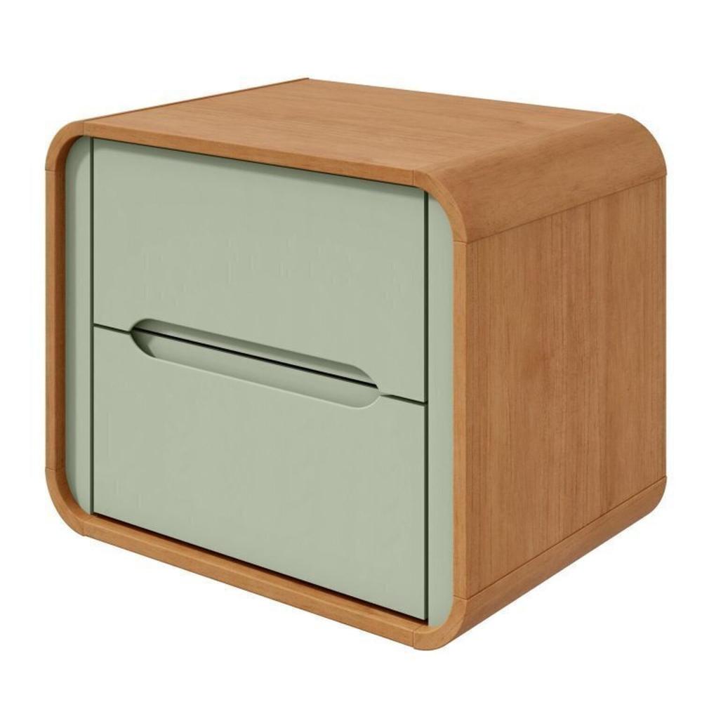 Quarto Infantil com 2 Camas Solteiro Loop Tecido Boucle e Mesa de Cabeceira 2 Gavetas Loop Amendoa Clean/Salvia