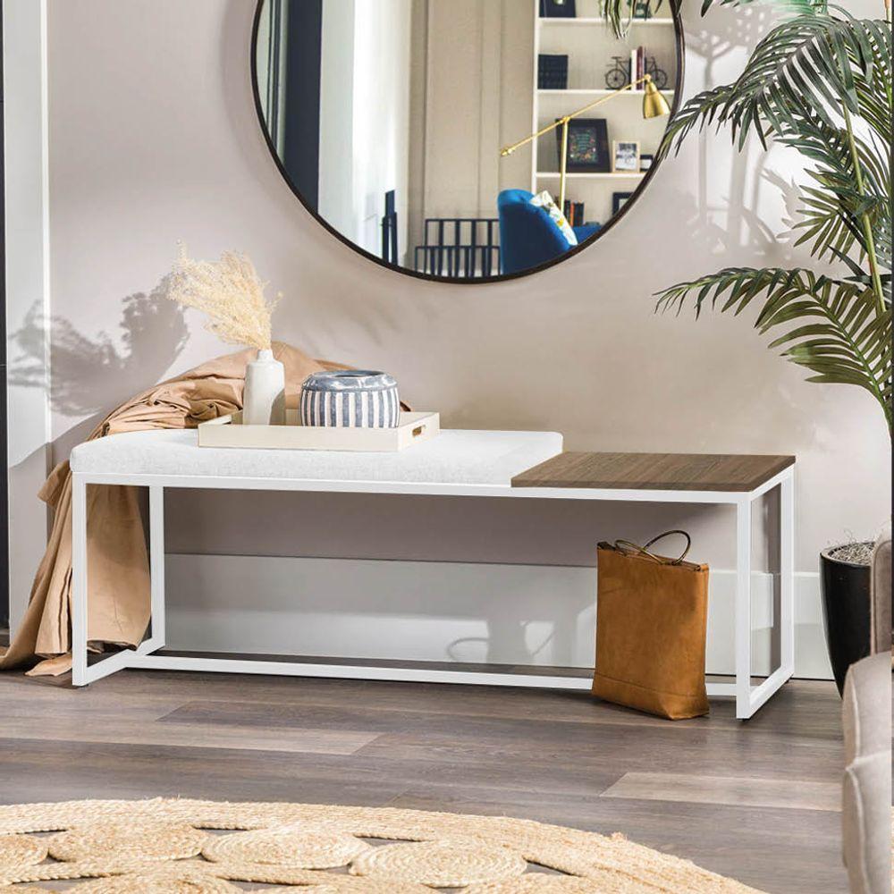 Miniatura Banco Recamier Puff 160cm Industrial Branco Corino Branco Tampo Quadrado Marmorizado