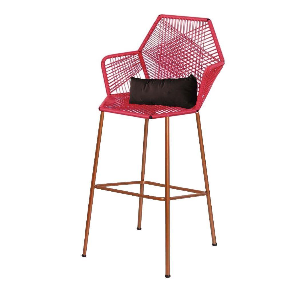 Miniatura Banqueta Alta Com Encosto Ferro Bronze Fibra Vermelho Almofada Corino Marrom