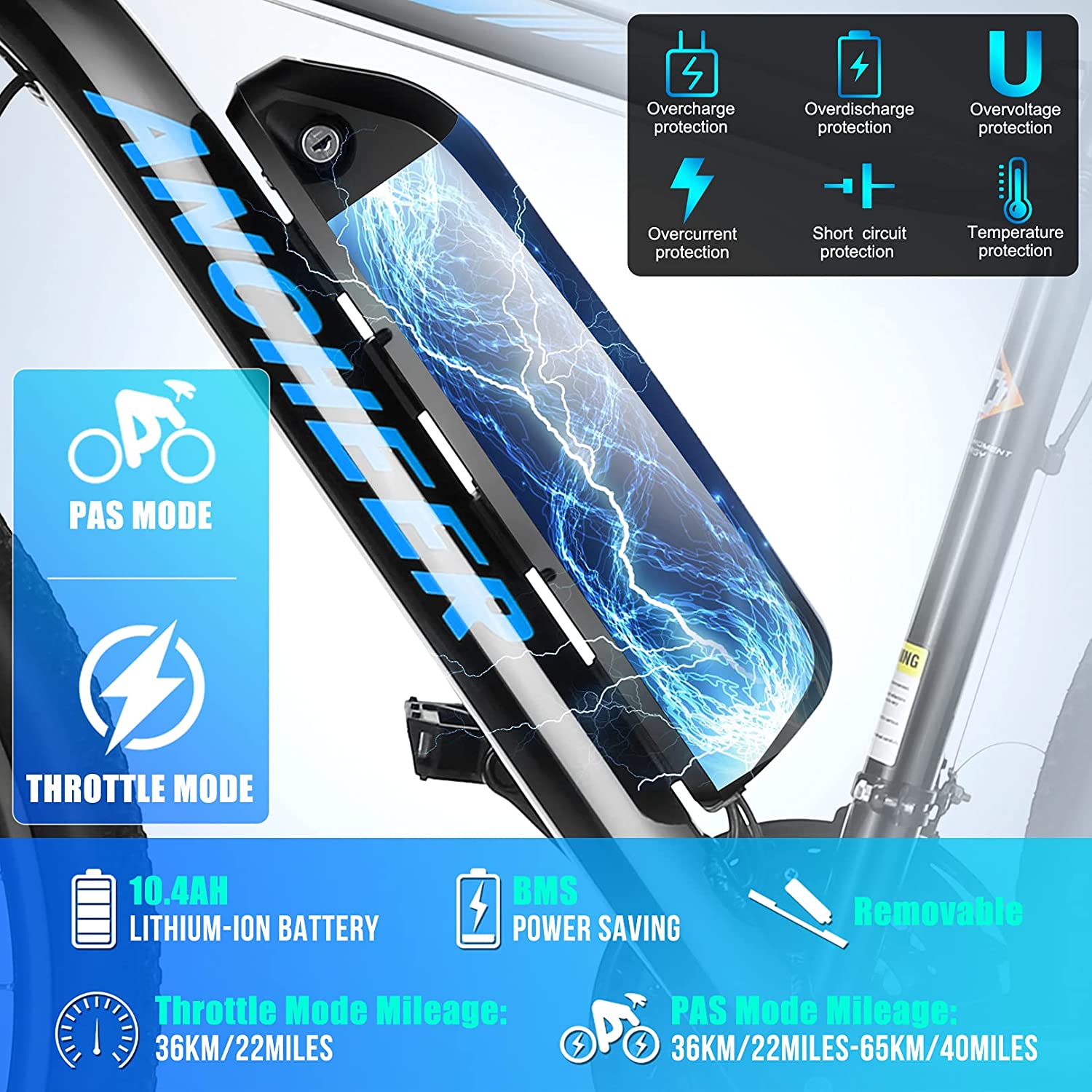 Miniatura ANCHEER Bicicleta Elétrica Motorizada 21 Velocidades e 3 Modos 350W Preta
