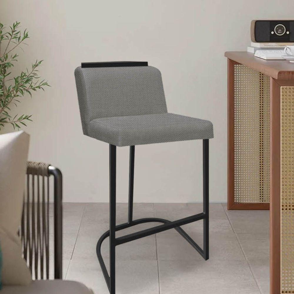 Miniatura Banqueta Com Encosto Nynna Luxo Confort Bistrô Cozinha Ferro Preto Linho Cinza - Amey Decor