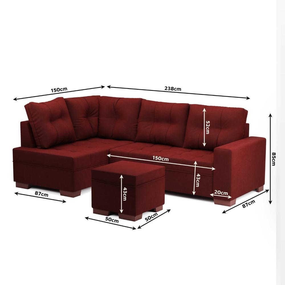 Miniatura Sofá de Canto com Puff 7 Lugares 238cm Gávea Montreal Vermelho