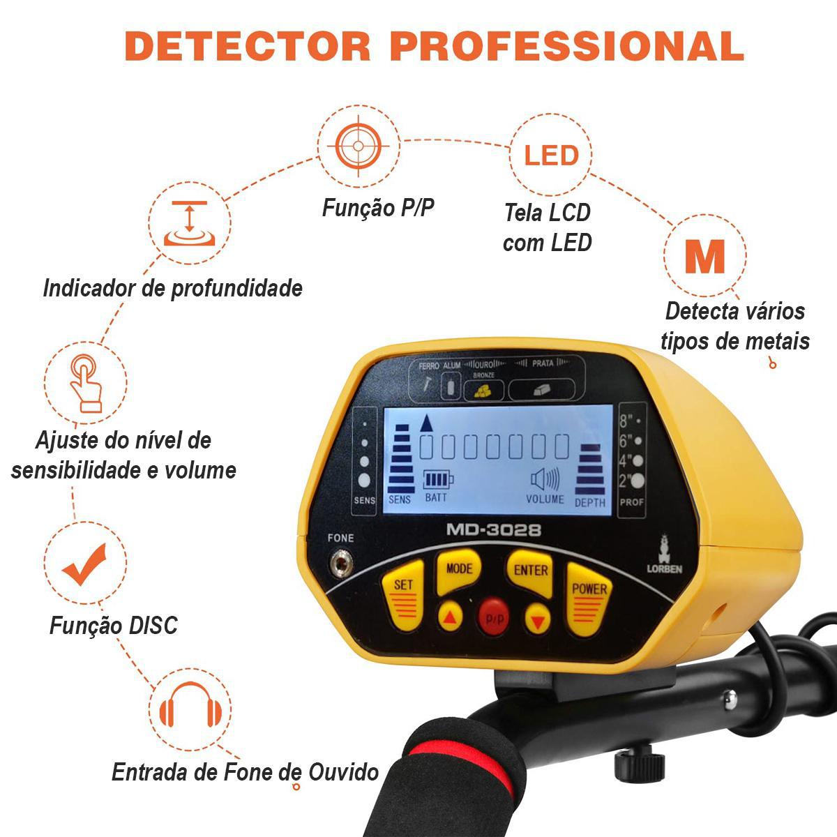 Detector De Metais Md-3028 Portátil Ferro Alumínio Ouro