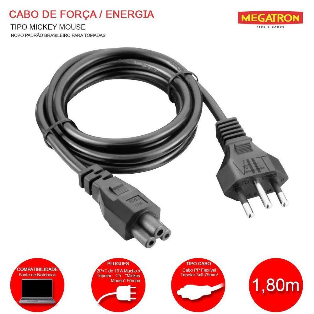 Miniatura Cabo Força Energia Tripolar Mickey 1,80m Para Fonte Notebook