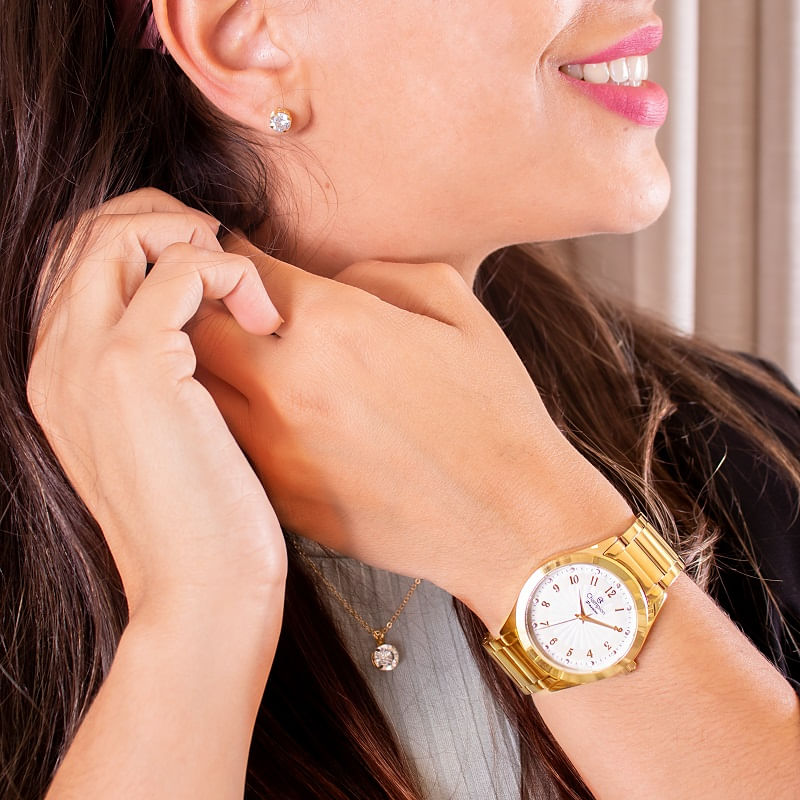 Miniatura Kit Relógio Feminino Champion Dourado Prova D'água 50 metros CN29409D com Colar e Brincos