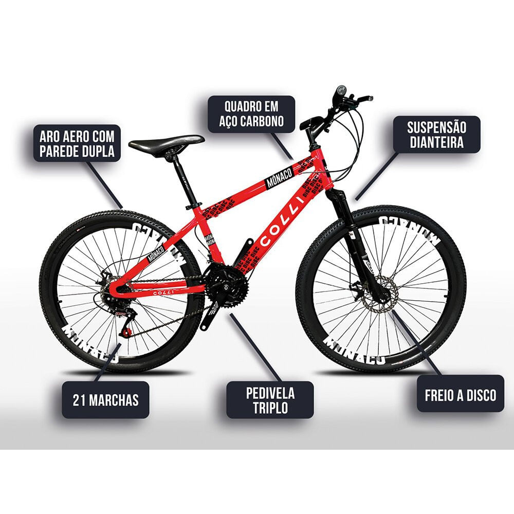 Miniatura Bicicleta Colli Mônaco Q18 Aro 26 Freio a disco 21 Velocidades Vermelho Vermelho