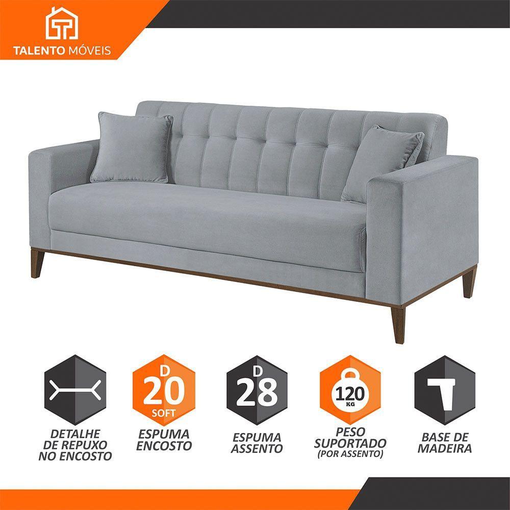 Miniatura Sofa Liverpool 3 Lugares 195 Cm Base Madeira Talento Móveis Veludo Paris Cinza