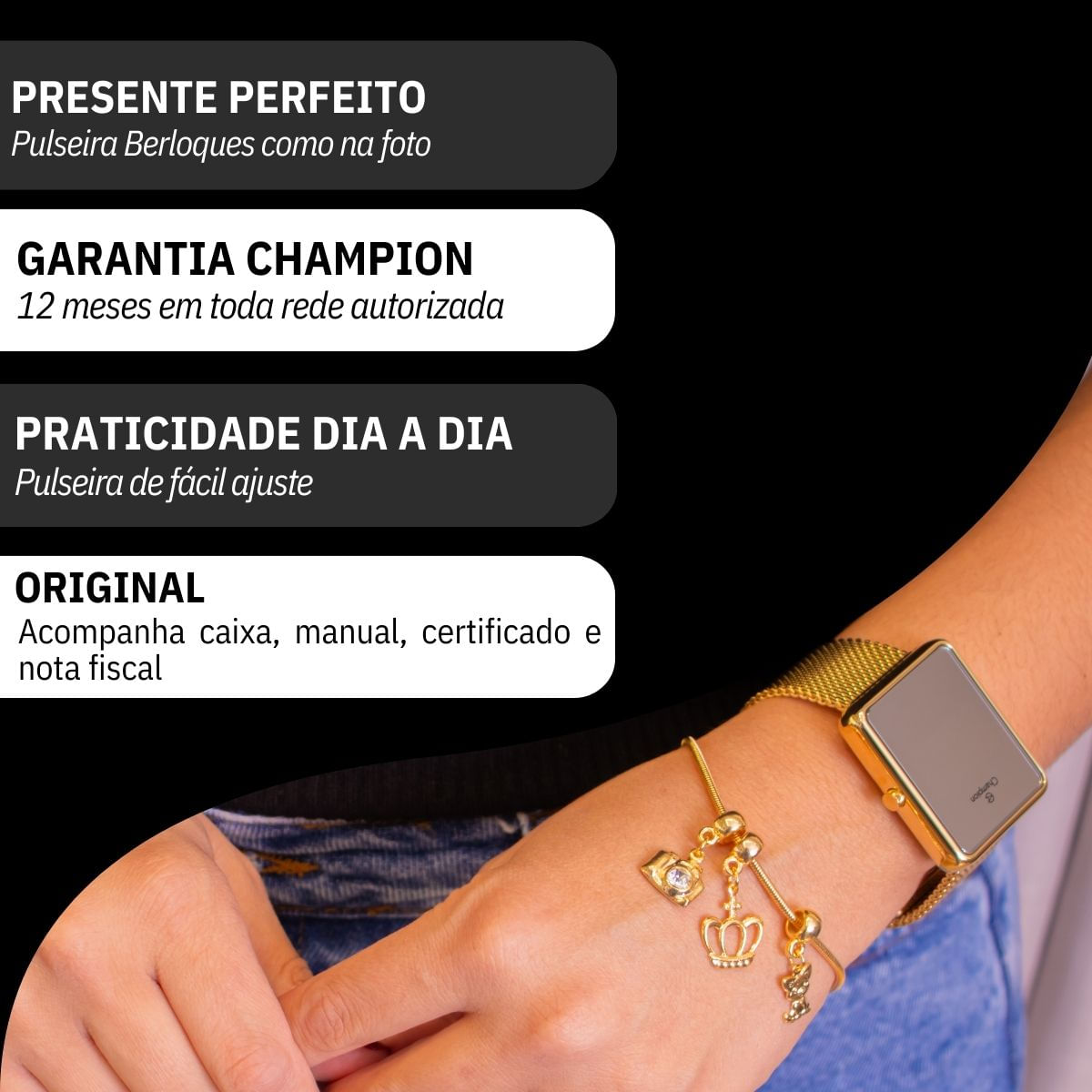Miniatura Relógio Feminino Champion Digital Espelhado Dourado CH40083B + Pulseira Berloques