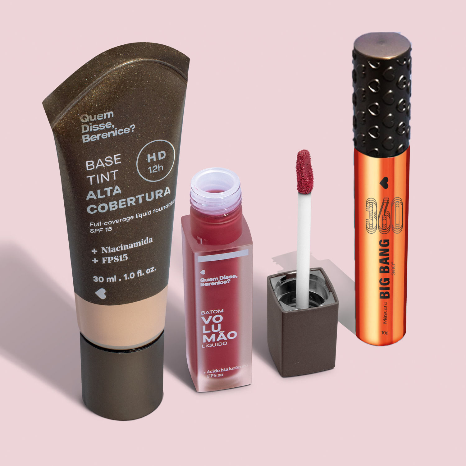 Miniatura Combo Base Tint Cor 03 Q 30ml + Máscara de Cílios 10g + Batom Líquido Morangoli 5,5ml