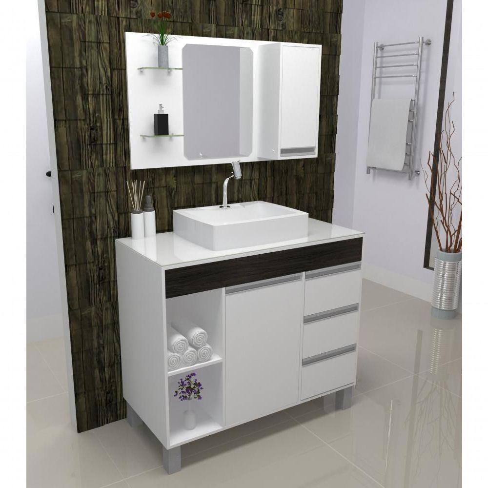 Miniatura Armário Para Banheiro/ Lavabo Fit Supreme 97 Cm Branco Com ébano C/cuba + Espelheira Com Espelho + Torneira E Válvula