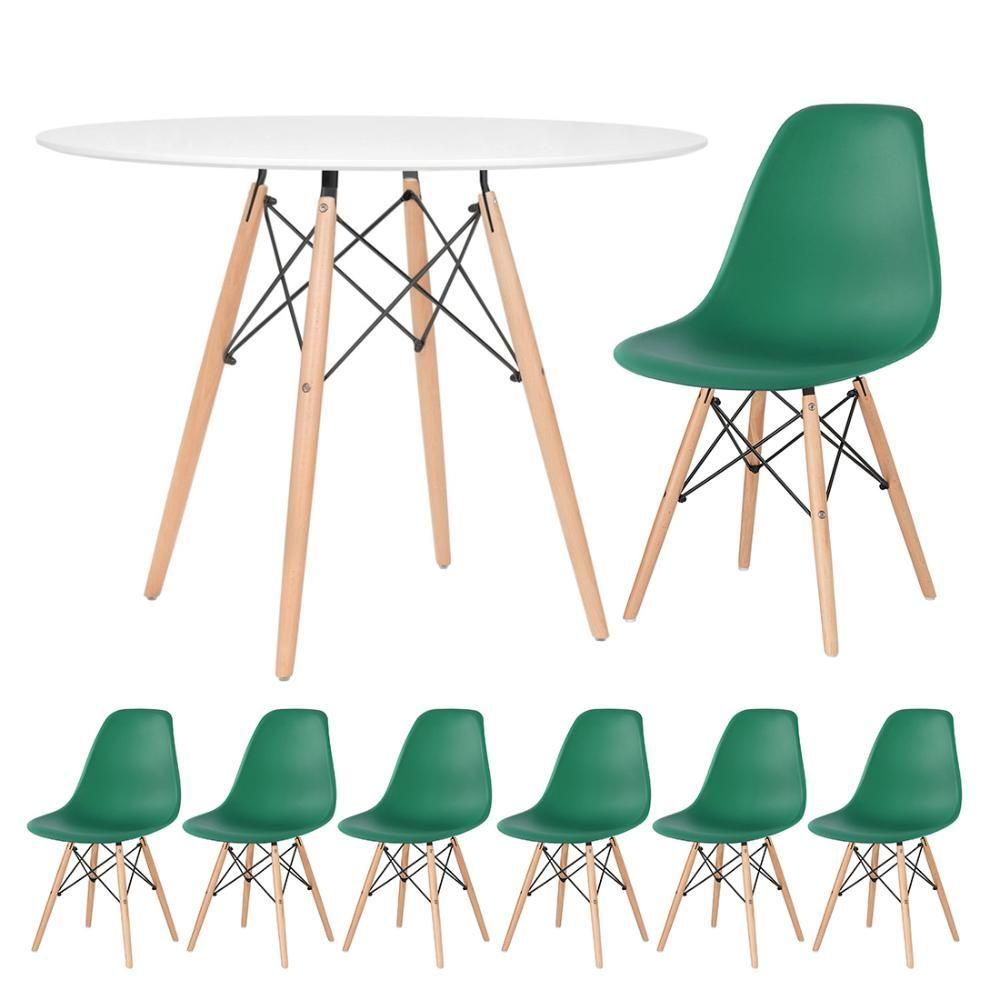 Miniatura Kit - Mesa Eames 100 Cm Branco + 6 Cadeiras Eames Dsw Verde Escuro Mesa Branco Com Cadeiras Verde Escuro