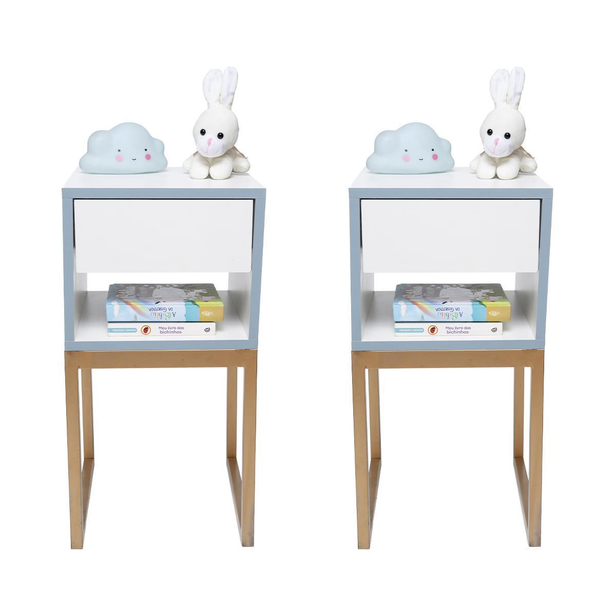 Miniatura Mesa Cabeceira Branca 30Cm Quarto Infantil Azul Eco Dourada