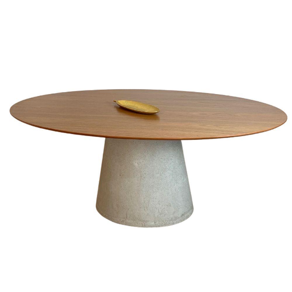 Miniatura Mesa De Jantar Cone Oval 198x122 Cm Tampo Freijó Base Concreto Cor Cinza Claro
