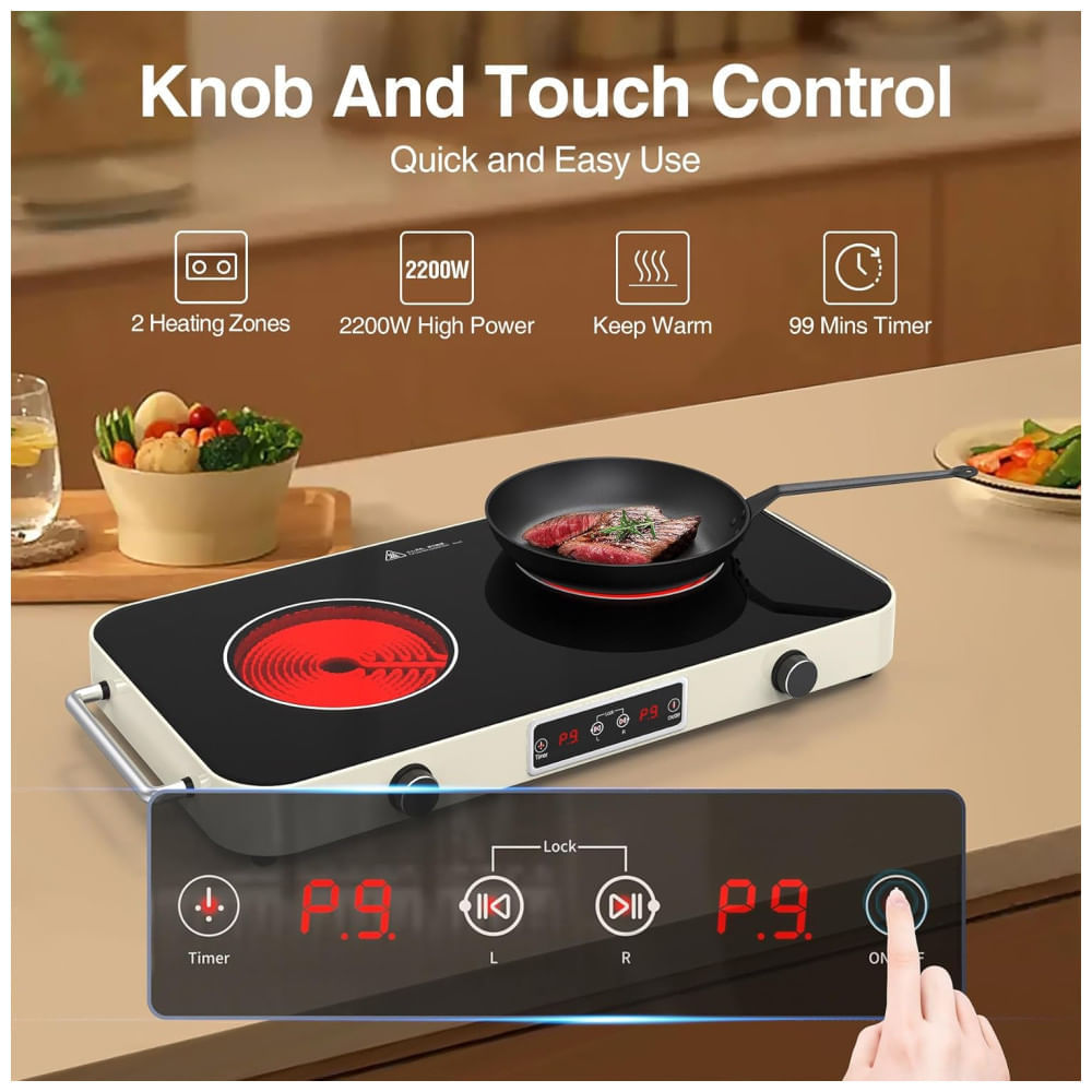 Miniatura Cooktop Elétrico Portátil de Indução com 2 Bocas, 9 Níveis de Potência, Temporizador, 2 Alças, Controle de Botão e Trava de Segurança para Crianças, 110v
