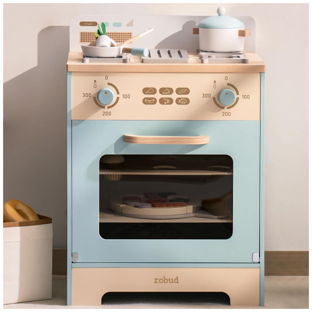 Miniatura Forno de Cozinha Educativa de Brincar em Madeira ROBUD, com Mini Cupcakes e Pizza, para Crianças - Brinquedo Realista de Forno de Madeira