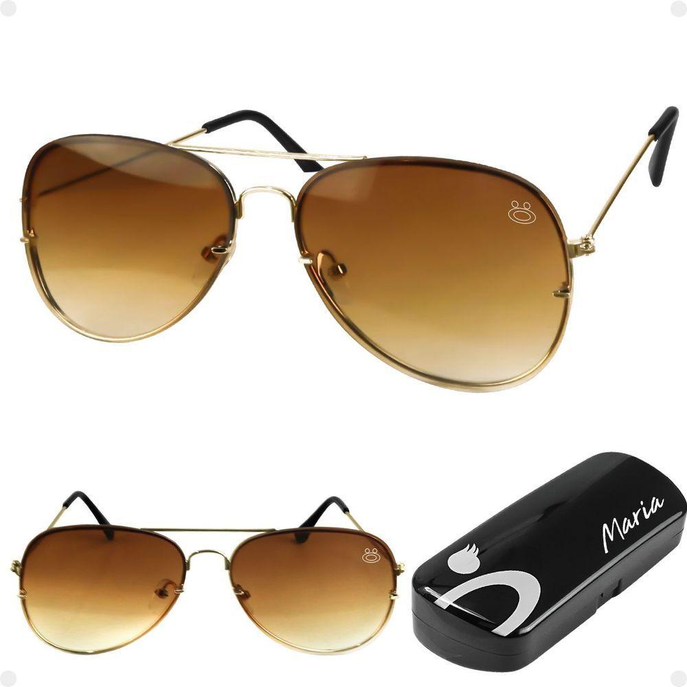 Miniatura Oculos Sol Feminino Aço Inoxidavel Marrom Aviador + Case Presente Lente Marrom Armação Dourada