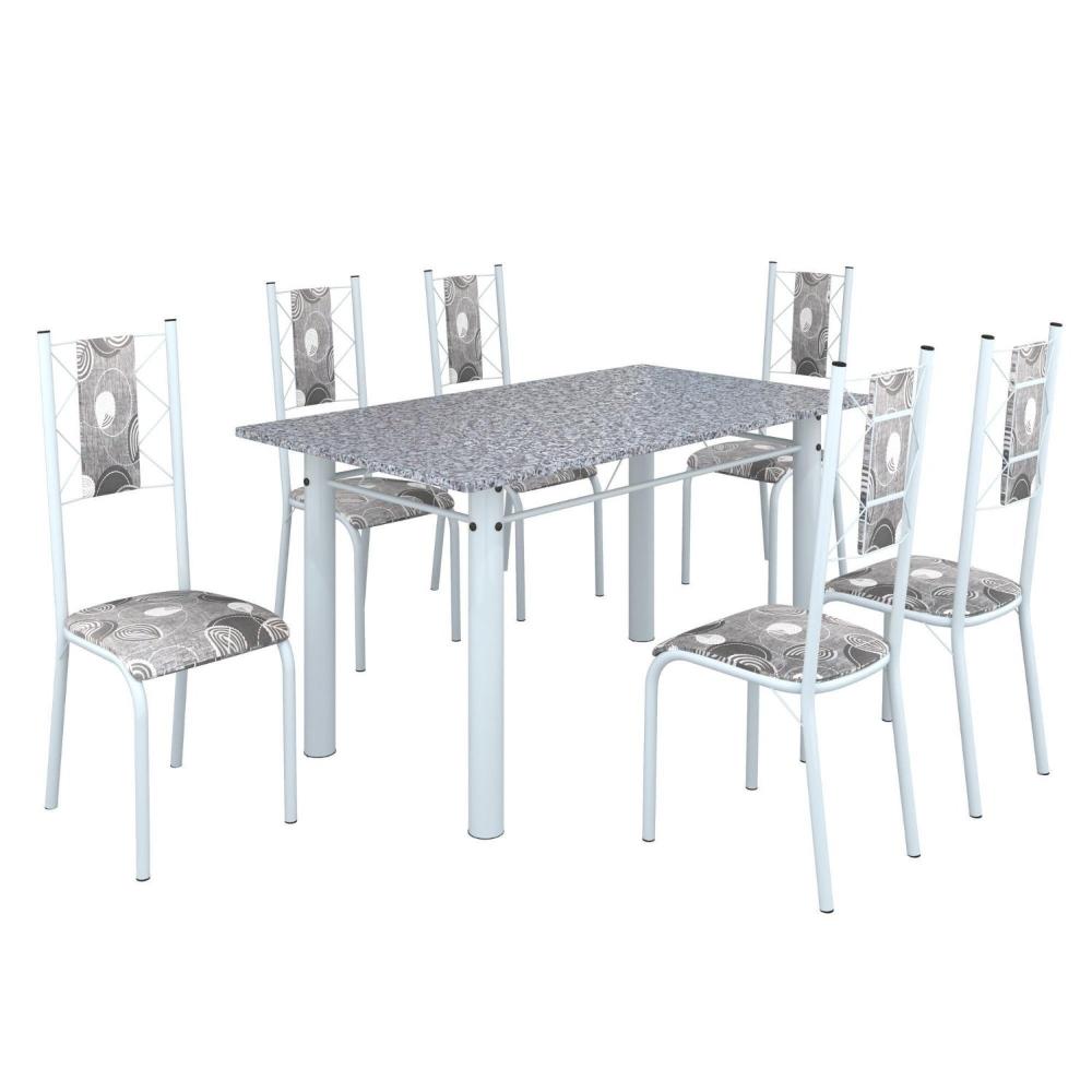Miniatura Conjunto Sala de Jantar Bahia Mesa Tubo 140x75cm Tampo Pedra Granito com 6 Cadeiras Paraopeba/Branco