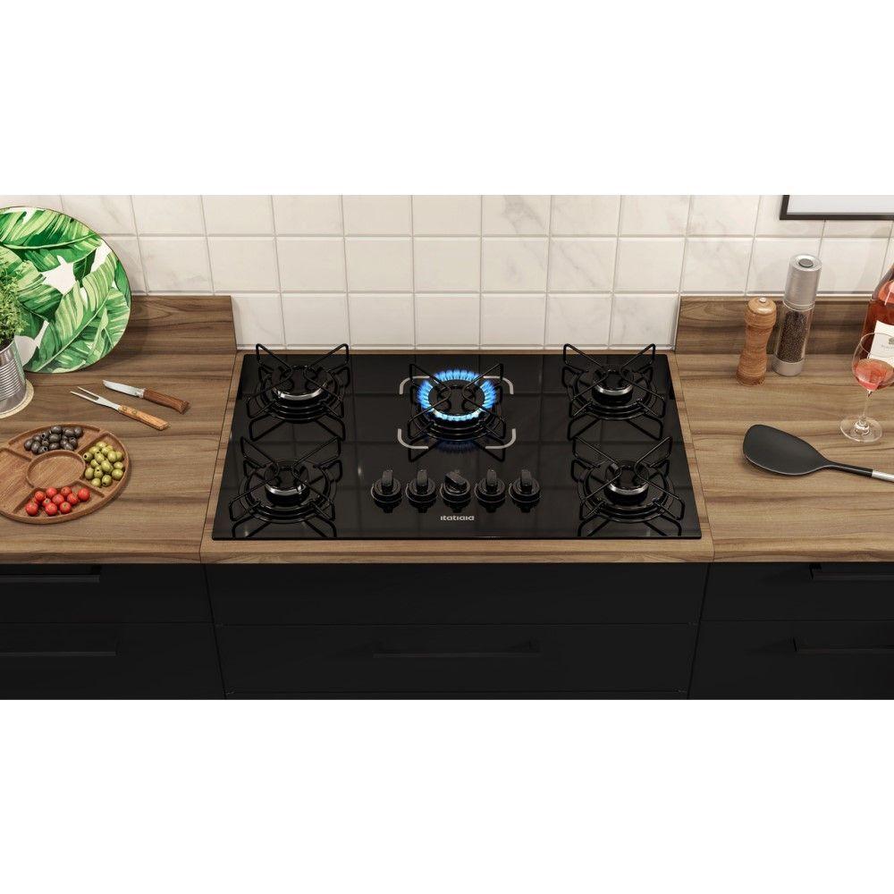 Miniatura Cooktop 5 Bocas Itatiaia Preto A Gás Em Aço Inox E Mesa Vidro Temperado Essencial - Bivolt