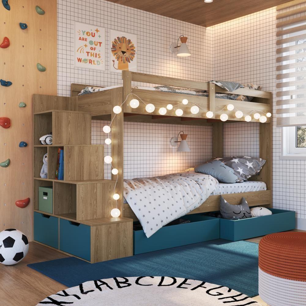 Miniatura Cama Beliche Infantil Bicama Menino Menina 2,32m Com Escada, Nichos E Gavetas Com Rodas Aveiro Com Azul