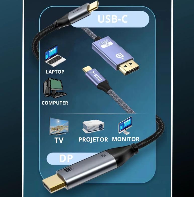 Miniatura Cabo Usb Tipo C Para Displayport 1.4 8K 1,80 Metros