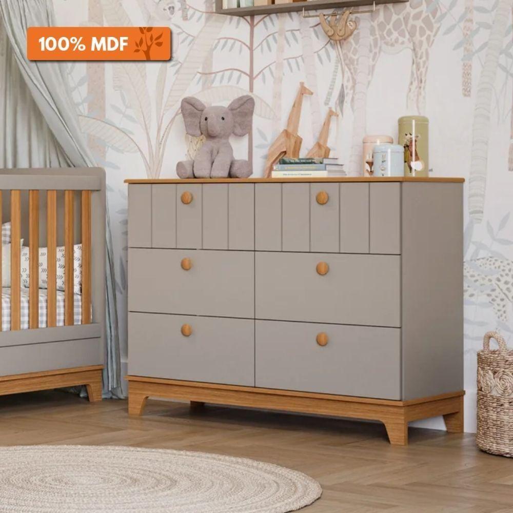 Miniatura Cômoda Infantil 6 Portas MDF Puxadores Madeira Maçica Biscoito Permobili Fendi/Nature