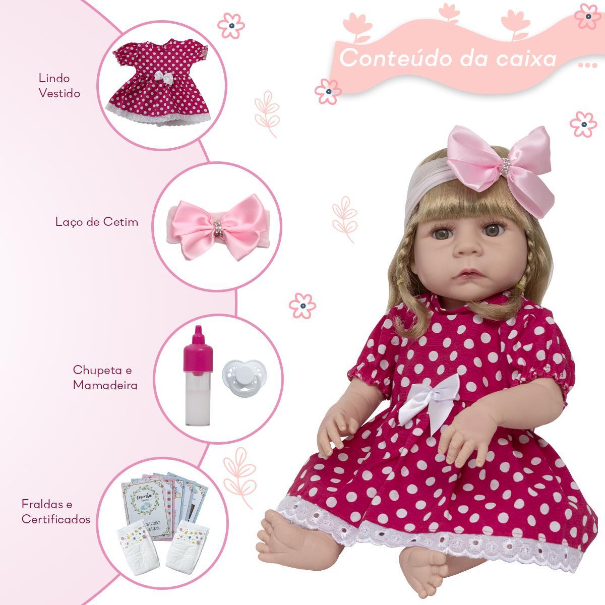Miniatura Boneca Reborn Bebê Abigail Vestido Bolinha Rosa 13 Itens