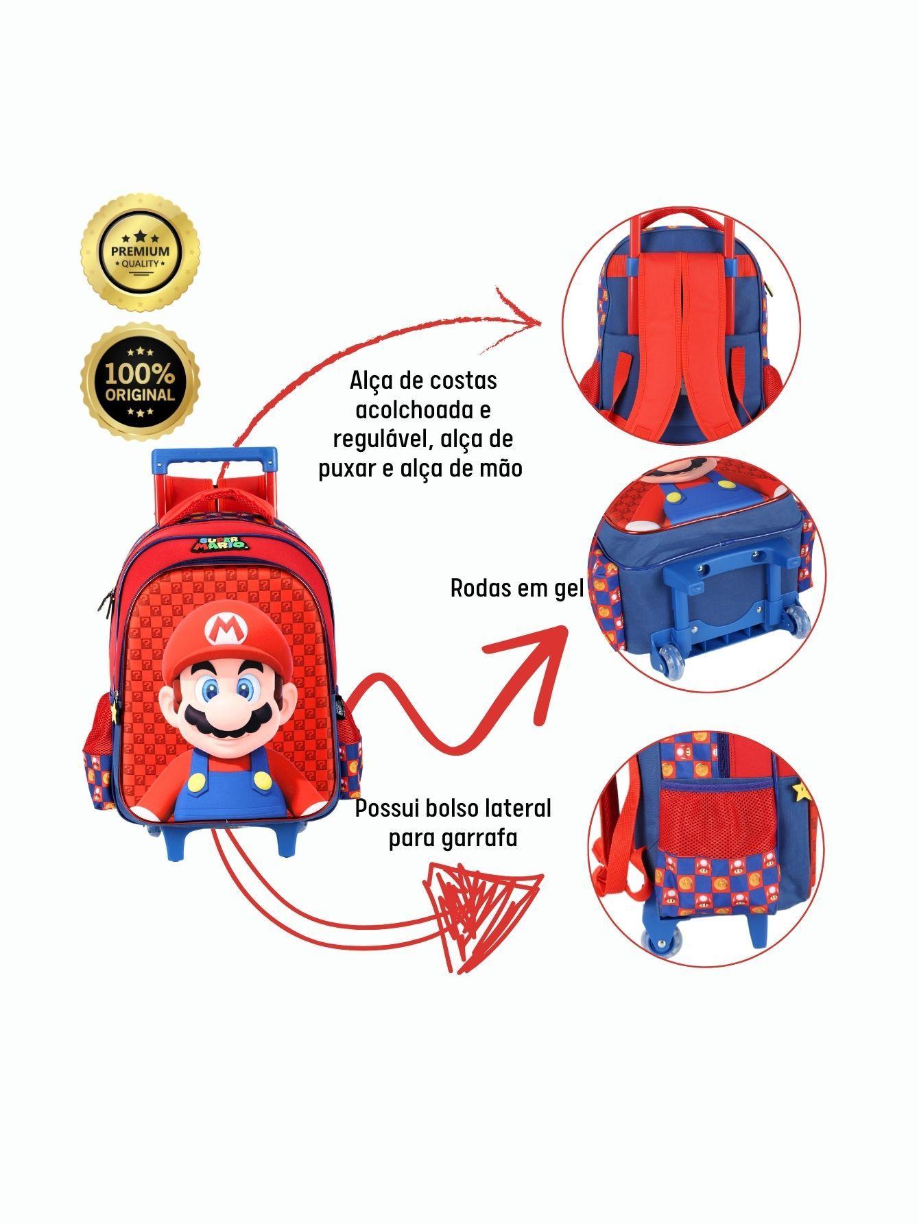 Miniatura Kit Escola Super Mario Mochila Roda Lancheira Estojo - Azul