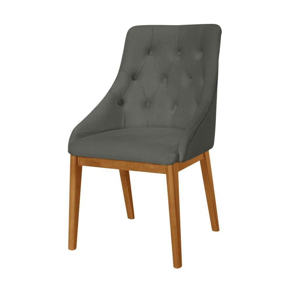 Miniatura Kit 2 Cadeiras De Jantar Estofada Capitonê Linho Chumbo Base Madeira Maciça Mel Cinza