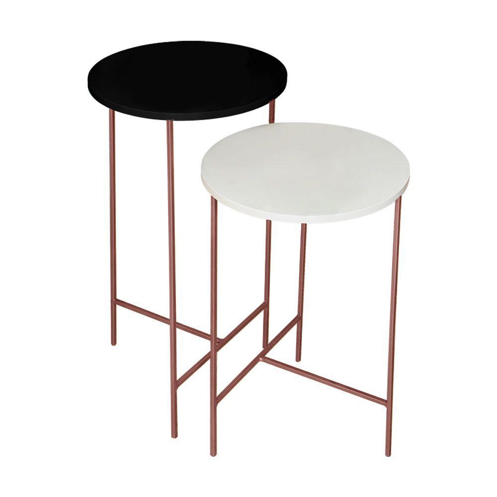 Miniatura Jogo Com 2 Mesas De Canto Redonda Para Sala De Estar Tampo Preto E Off White Base Rosê Gold - Preto