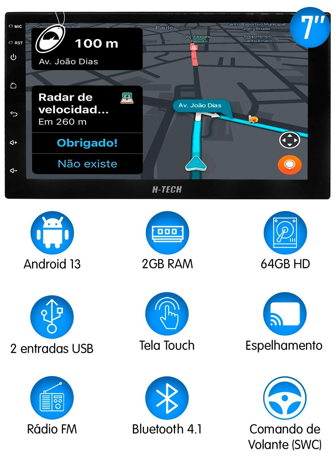 Miniatura Multimídia 7'' Polegadas H-Tech Ht-7225Ca Android 2Gb + 64Gb