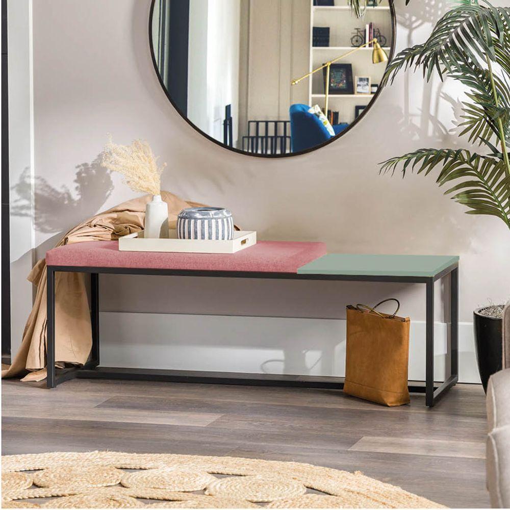 Miniatura Banco Recamier Puff 160cm Industrial Preto Suede Rose Tampo Quadrado Mdf Verde