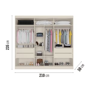 Miniatura Guarda-Roupa Europa Mademarques Sicilia, 6 Portas de Bater, 4 Gavetas e 15 prateleiras - 210cm de Largura Off White