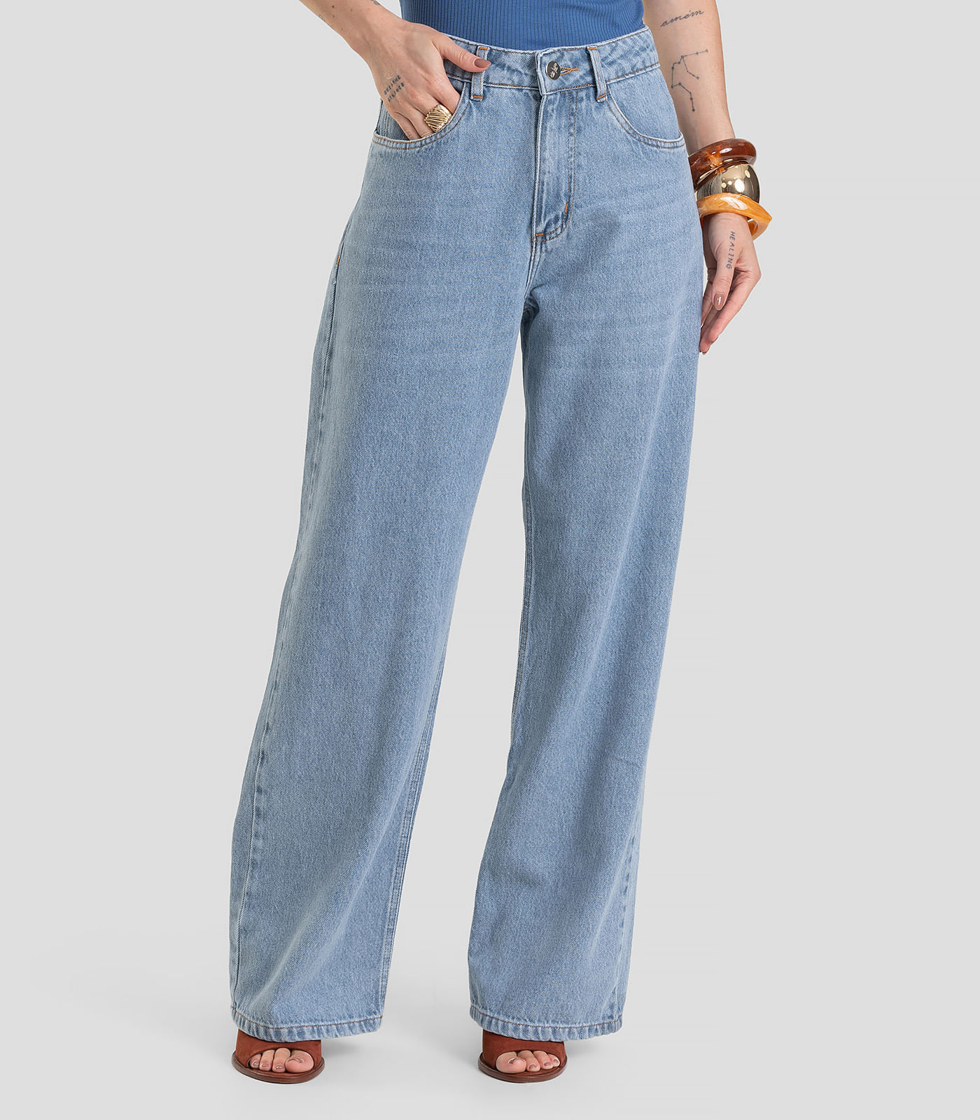 Miniatura Calça Jeans Feminina Wide Leg Cintura Alta Dianna Azul G