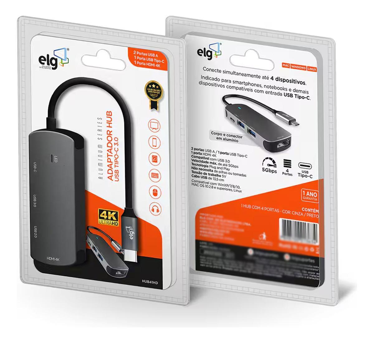 Miniatura Adaptador Elg Hub Usb 4 Em 1 Tipo-C 3.0 Hdmi - Hub41Hd