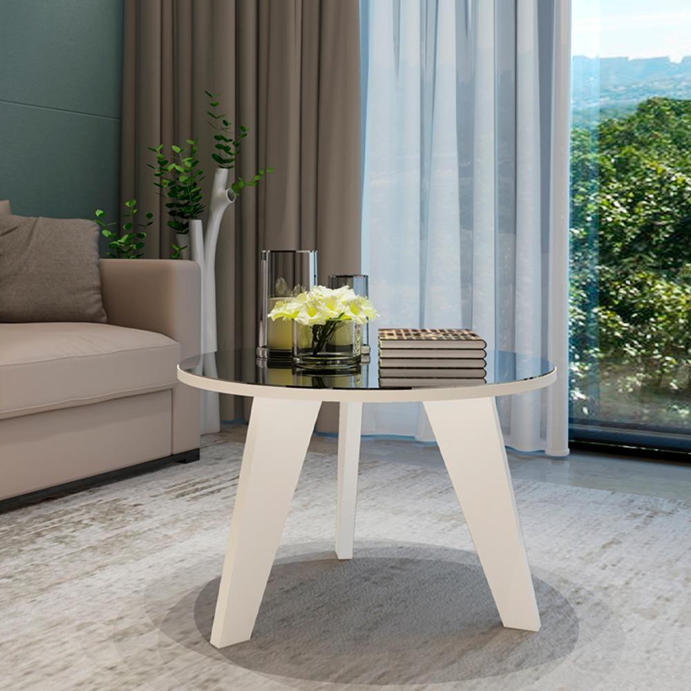 Mesa De Centro Redonda Com Espelho 59x38 Cm Branco Arly
