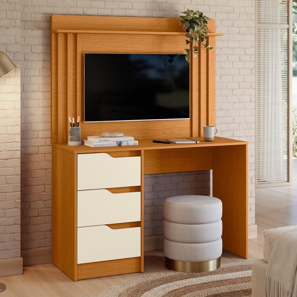 Miniatura Escrivaninha Com Painel Doble Ripado 120cm 3 Gavetas Cinamomo/off White
