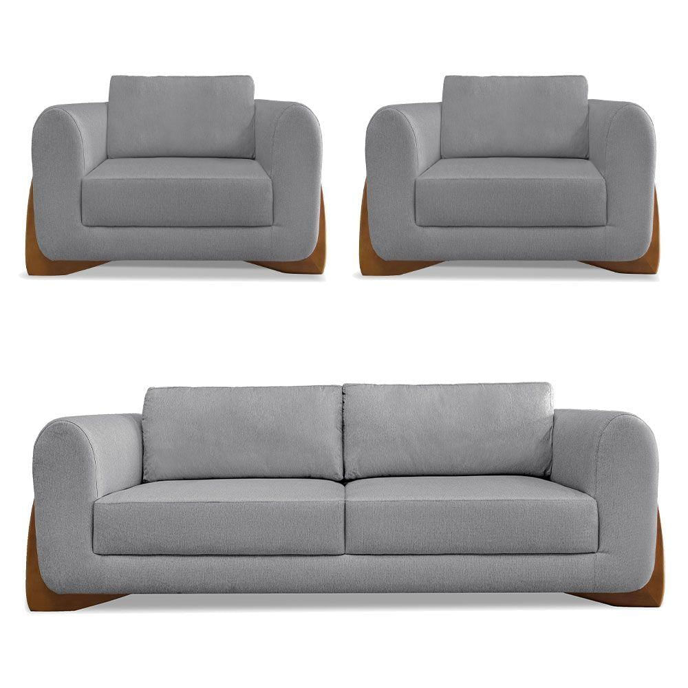 Miniatura Kit 2 Poltronas E Sofá 2 Lugares Linho Grafite Pés Castanho