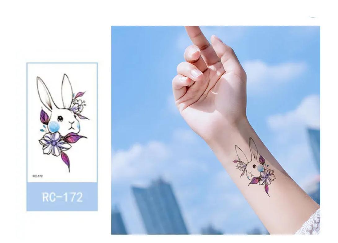 Miniatura Tatuagem Temporária Coelho E Flores Delicada Arte