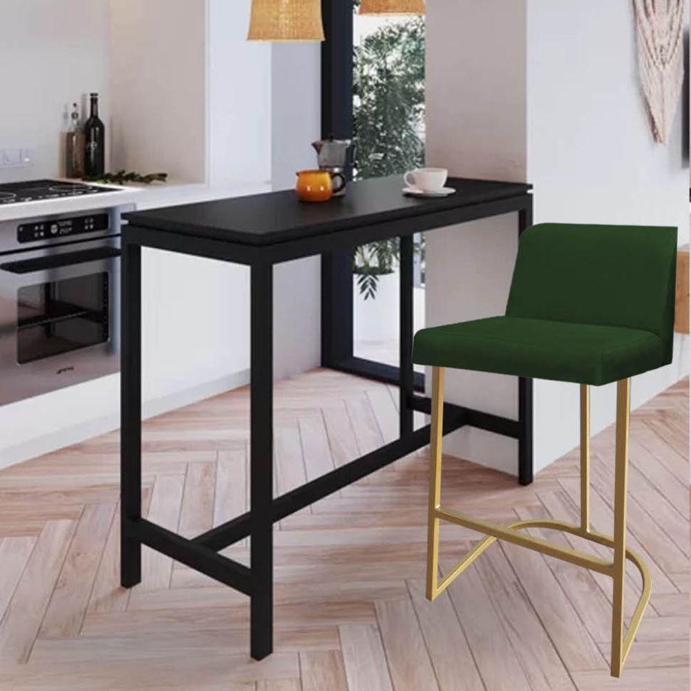 Miniatura Banqueta Com Encosto Noah Luxo Confort Bistrô Cozinha Ferro Dourado Suede Verde - Amey Decor
