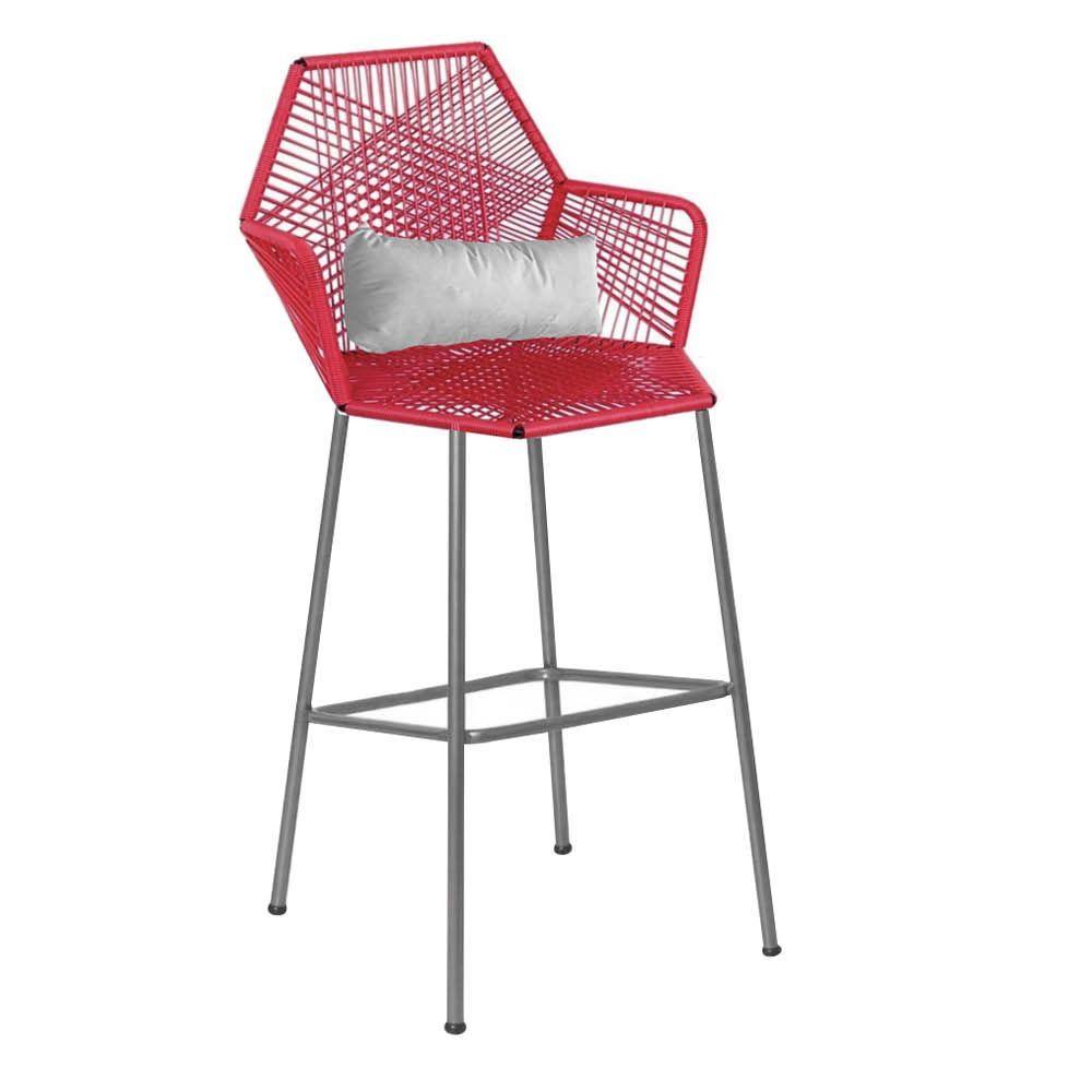 Miniatura Banqueta Alta Com Encosto Ferro Prata Fibra Vermelho Almofada Branco